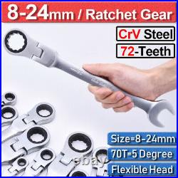 12Pc Ratchet Gear Flexible Head Ratcheting Wrench Spanners Tool Crv Steel 8-24mm