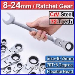 12X Ratchet Gear Flexible Head Ratcheting Wrench Spanners Tool Crv Steel 8-24mm/