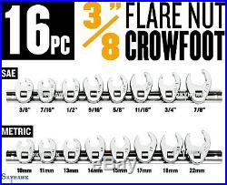 16pc 3/8 Flare Nut Crowfoot Wrench Set With Holder Sae+metric