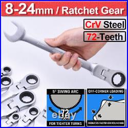 8-24mm Metric Flexible Head Ratcheting Wrench Combination Ratchet Gear Spanner
