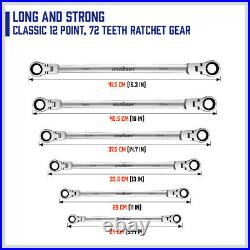 Double Box End Ratcheting Wrench Flex-Head Extra Long 6 PC Spanner Set Metric