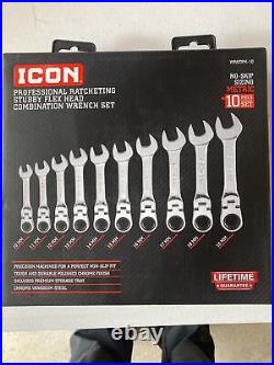 Icon Metric Professional Stubby Flex Head Ratcheting Combination Wrench Set, 10