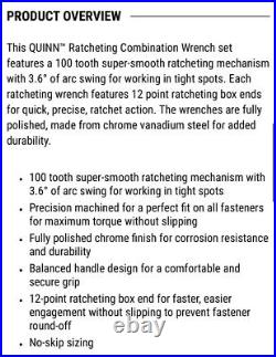 Quinn 12 Piece Metric Ratcheting Wrench Set? 8mm Through 19mm New Set