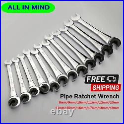 Tubing Ratchet Wrench 8-19mm Open End 72Gear Fixed Head Repair Spanner Set