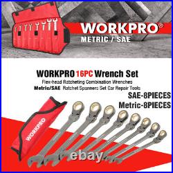 WORKPRO 16PC/8PC Flex-Head Ratcheting Combination Wrench Set 5/16 3/4 in 9-17 mm